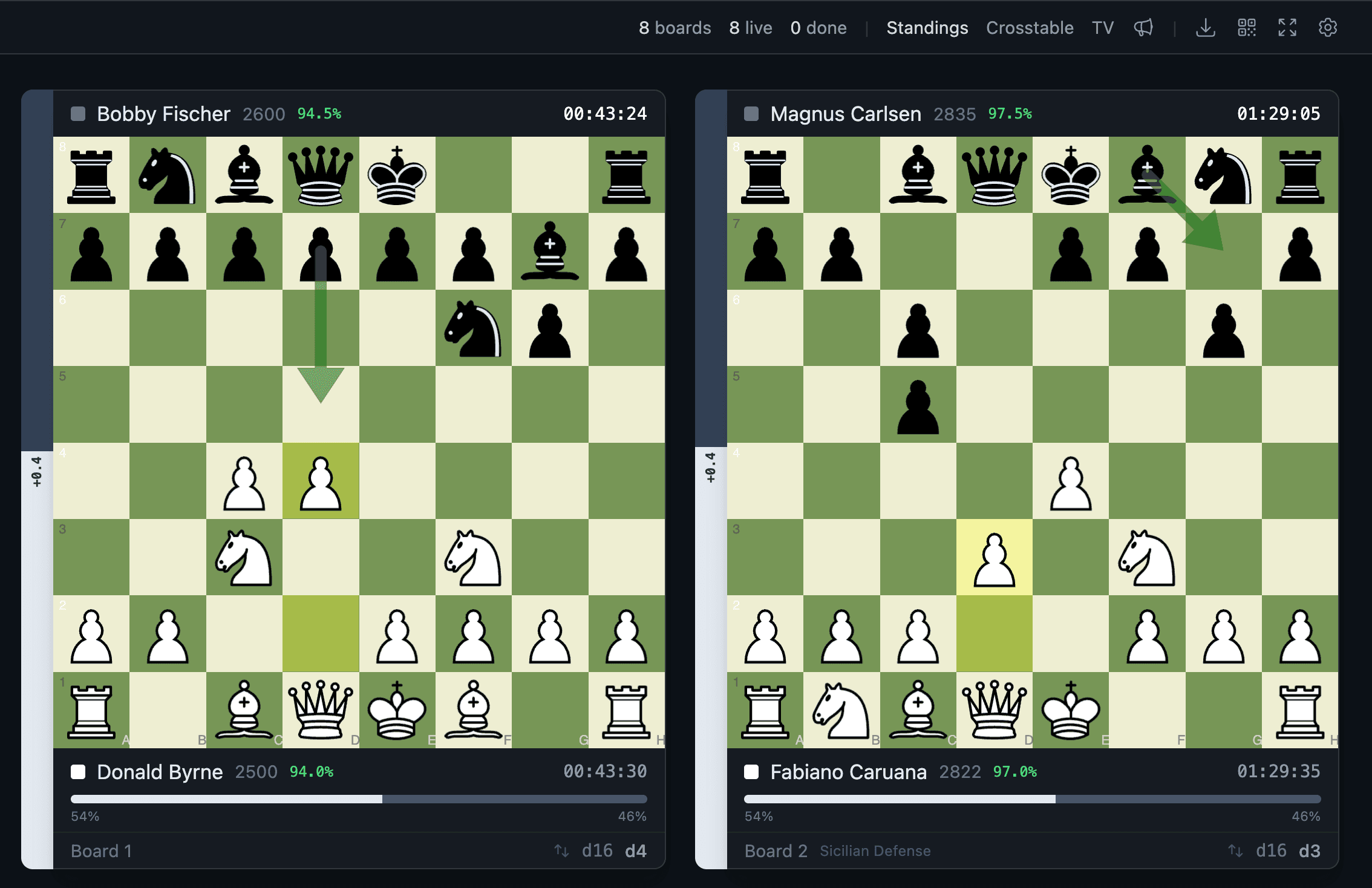 Broadcasts app showing live chess tournament with board grid, engine analysis, and standings